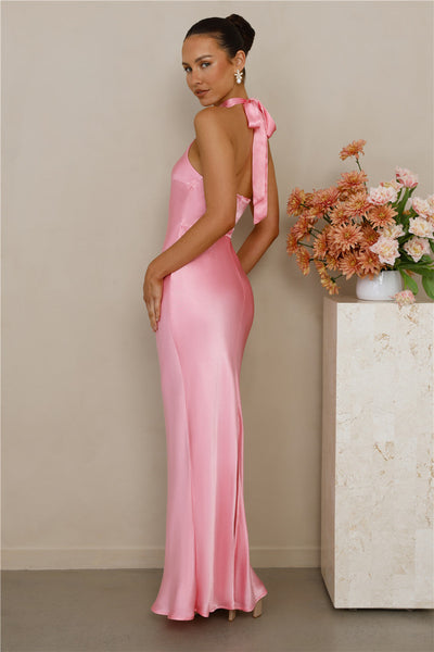 The Cleo Halter Satin Maxi Dress Candy