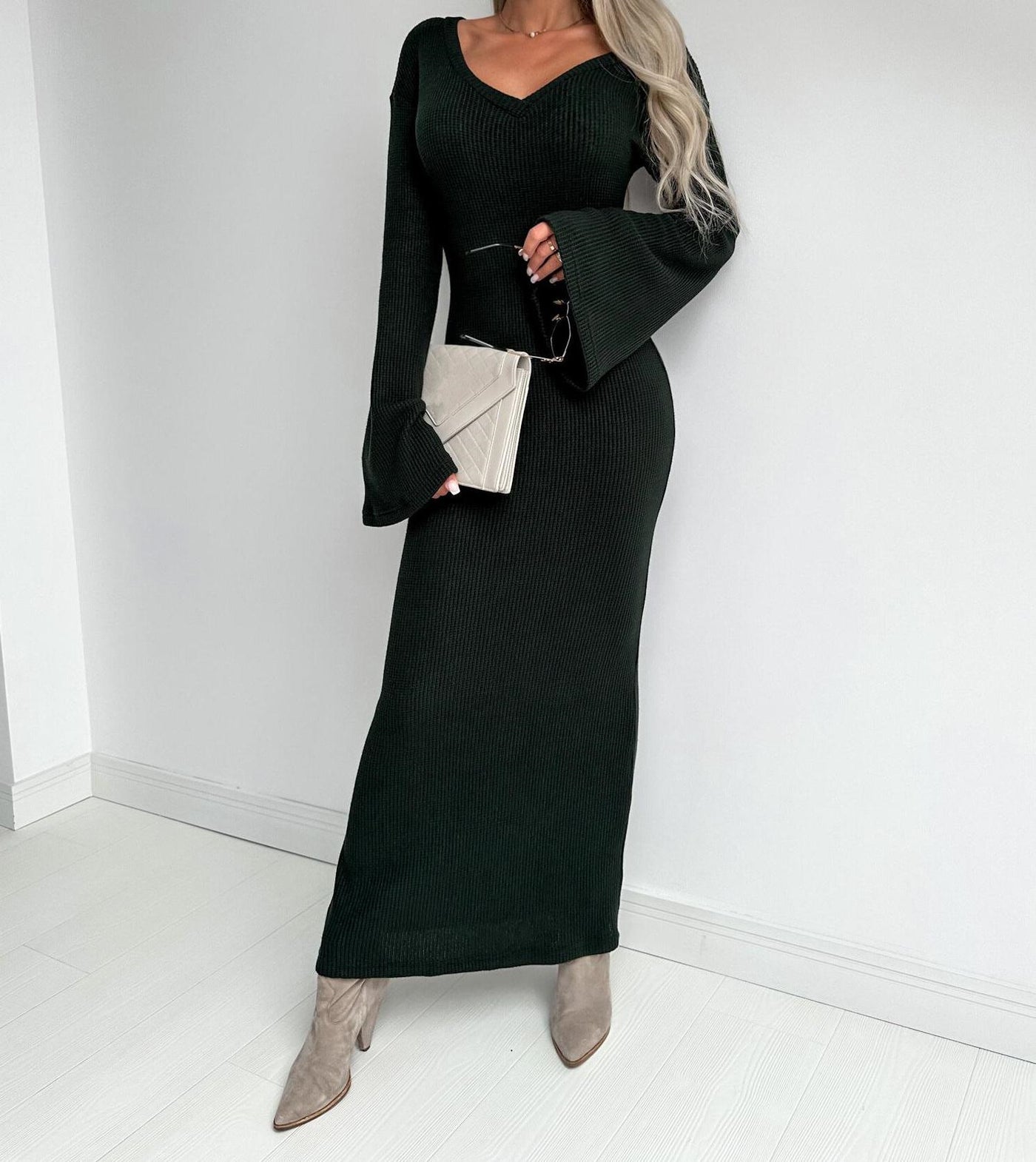 Knitted V-neck Long Sleeve Thick Dress Women