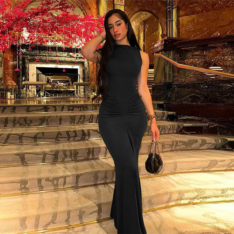 Sleeveless Pleated High Waist Slim Fit Dress
